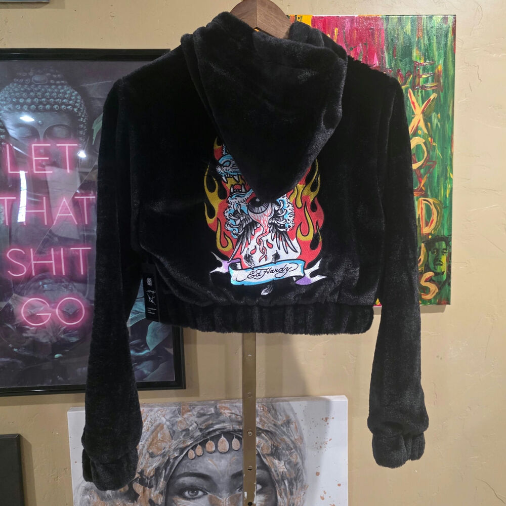 Ed Hardy Y2K Style Deadstock Faux Fur Grunge Crop Embroidered Jacket Size Small